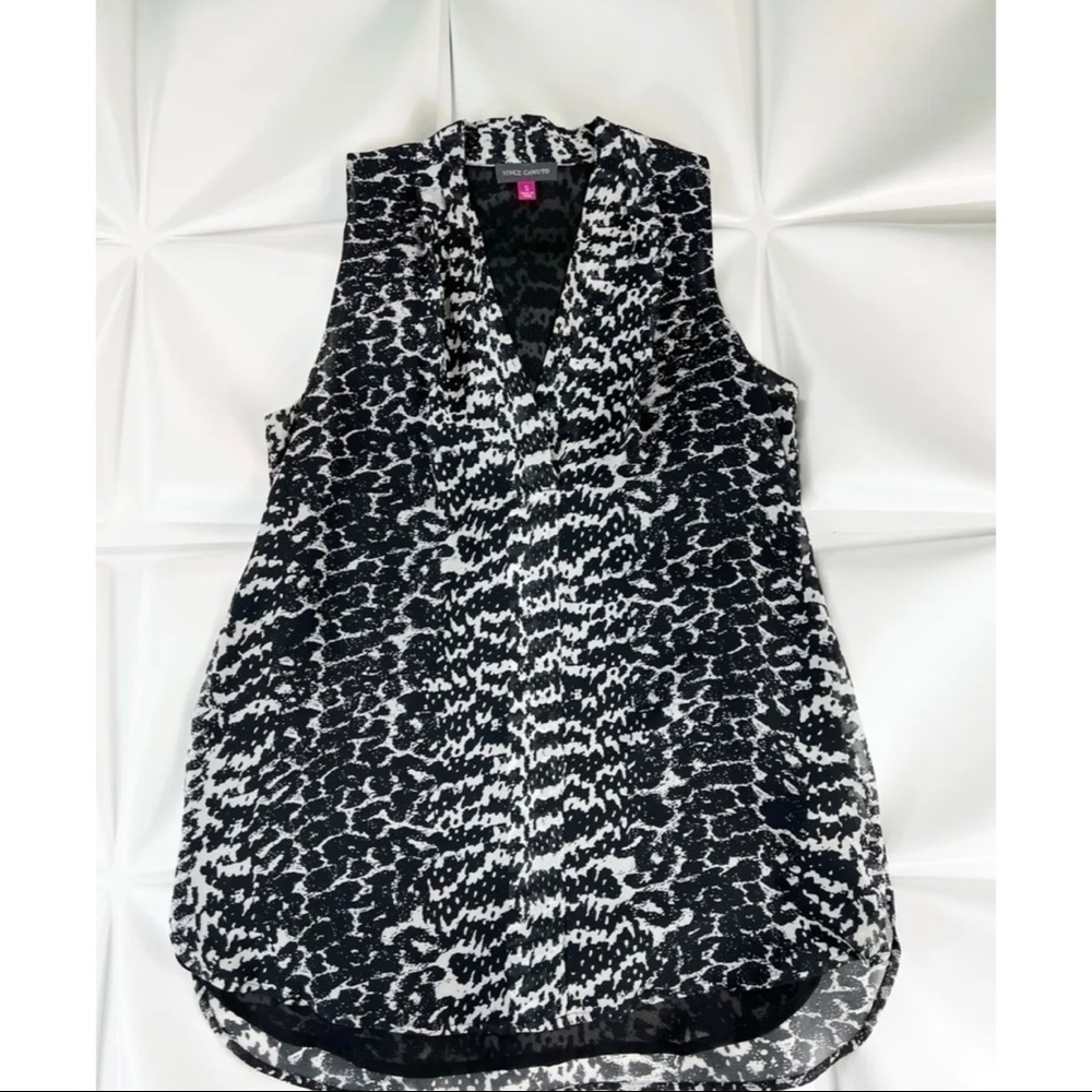 Vince Camuto Sz S Black White Contrast Abstract Houndstooth Tunic Tank Blouse